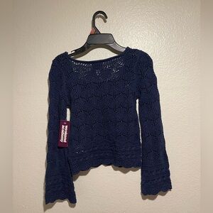 Crocheted Navy Blue Long Sleeve Sweater